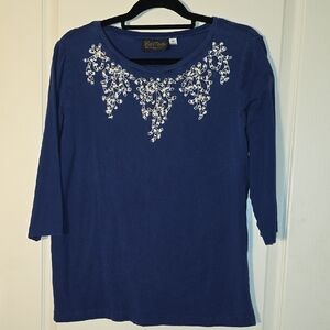 Bob Mackie Navy Top with White Embroidery